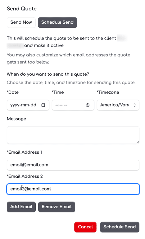 Send Quote dialog set to Schedule Send with date, time, timezone fields and two email address fields