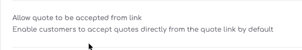 Quote settings toggle labeled Allow quote to be accepted from link, enabled by default